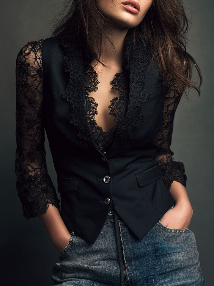 Avelle Paris | Haut Blazer Noir à Manches Semi-Transparentes Margaux