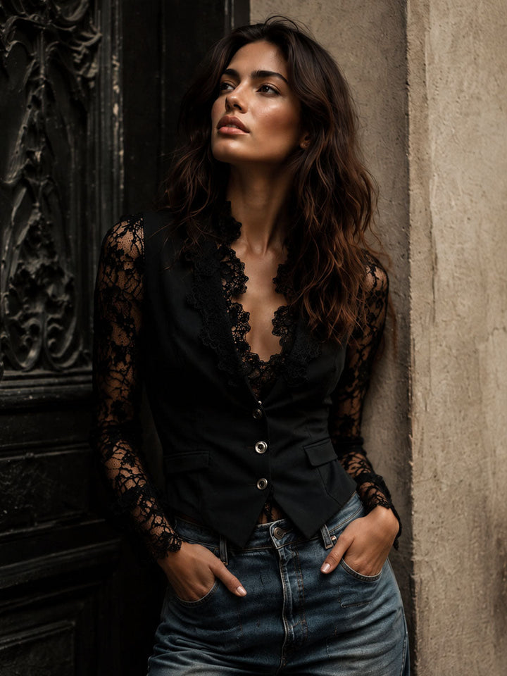 Avelle Paris | Haut Blazer Noir à Manches Semi-Transparentes Margaux
