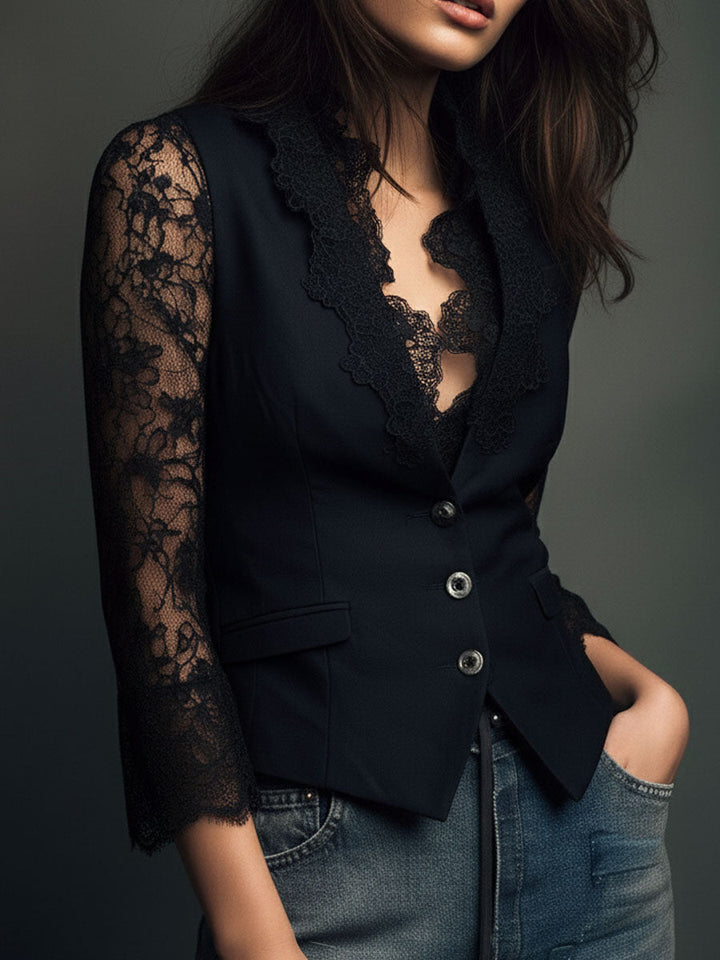 Avelle Paris | Haut Blazer Noir à Manches Semi-Transparentes Margaux