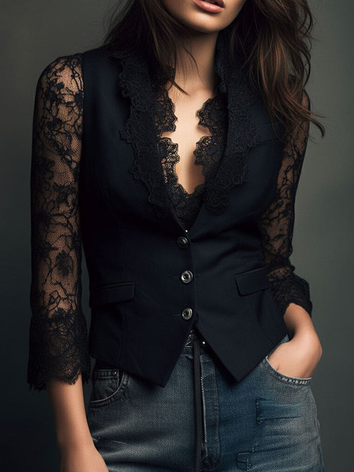 Avelle Paris | Haut Blazer Noir à Manches Semi-Transparentes Margaux